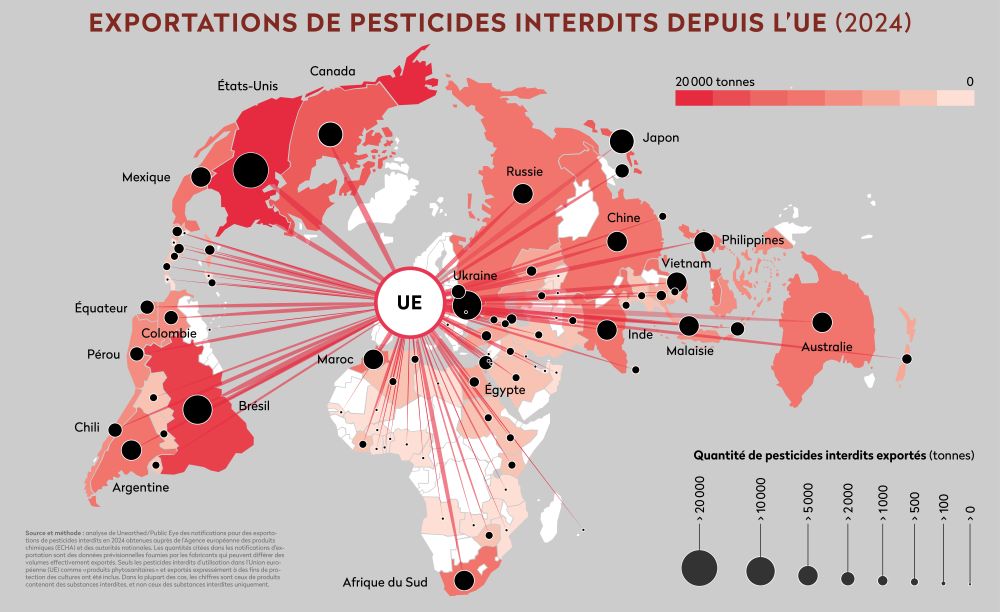 Mapa de las exportaciones desde la Unión Europea de los pesticidas cuyo uso está prohibido en la propia Europa. Gráfico Public Eye