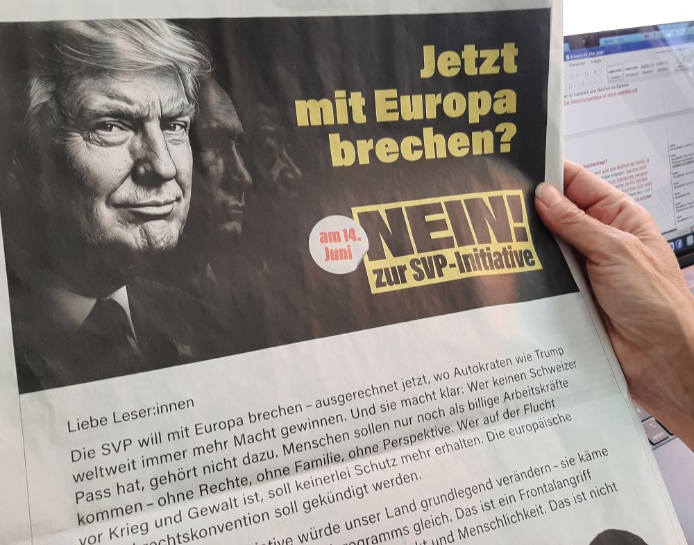 Aceptar la iniciativa es romper con Europa beneficiando a la política antieuropea de Trump. Anuncio publicitario. Foto Sergio Ferrari
